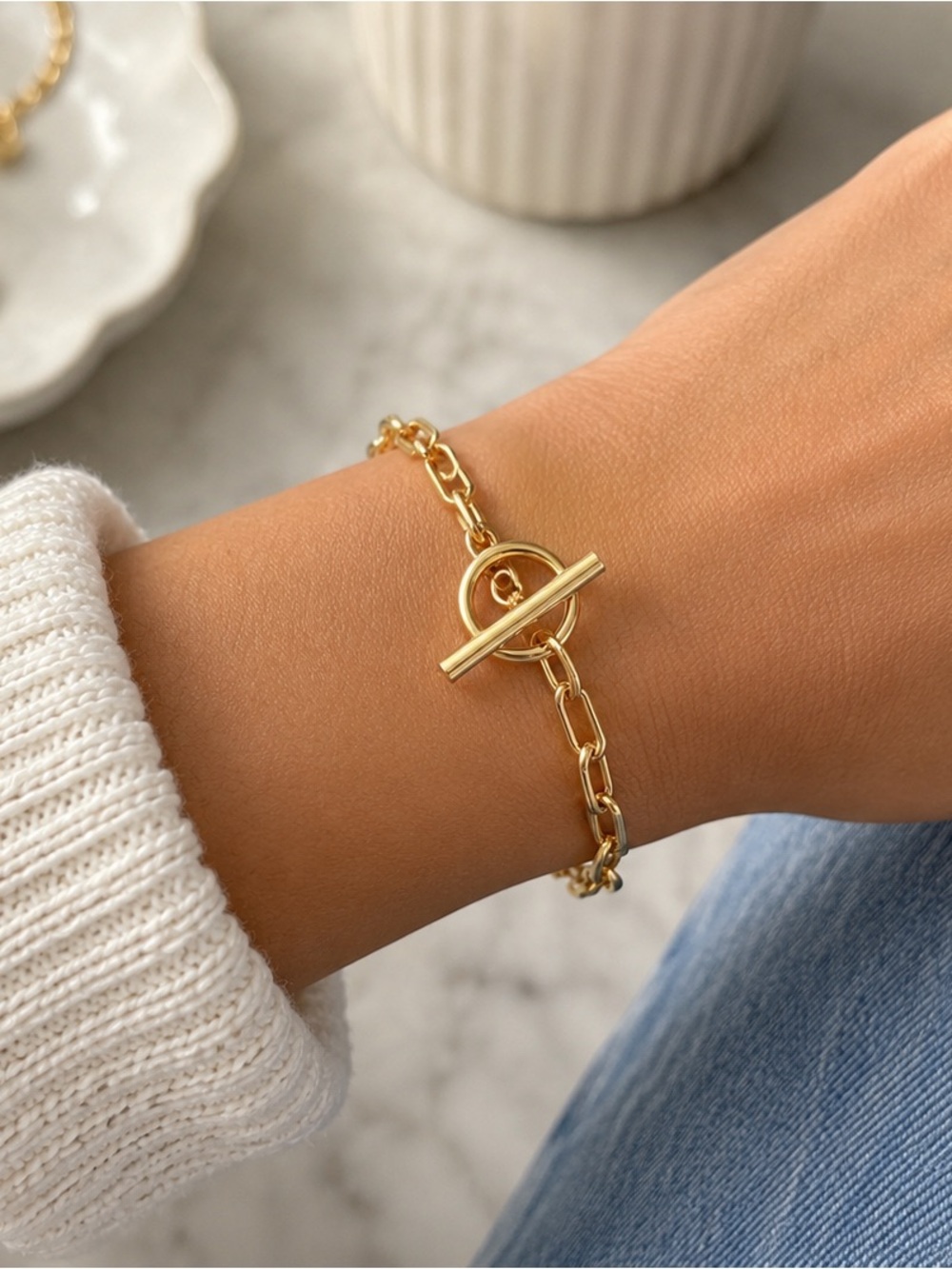 18K Gold Plated Stainless Steel Toggle Link Bracelet Waterproof 7.5”